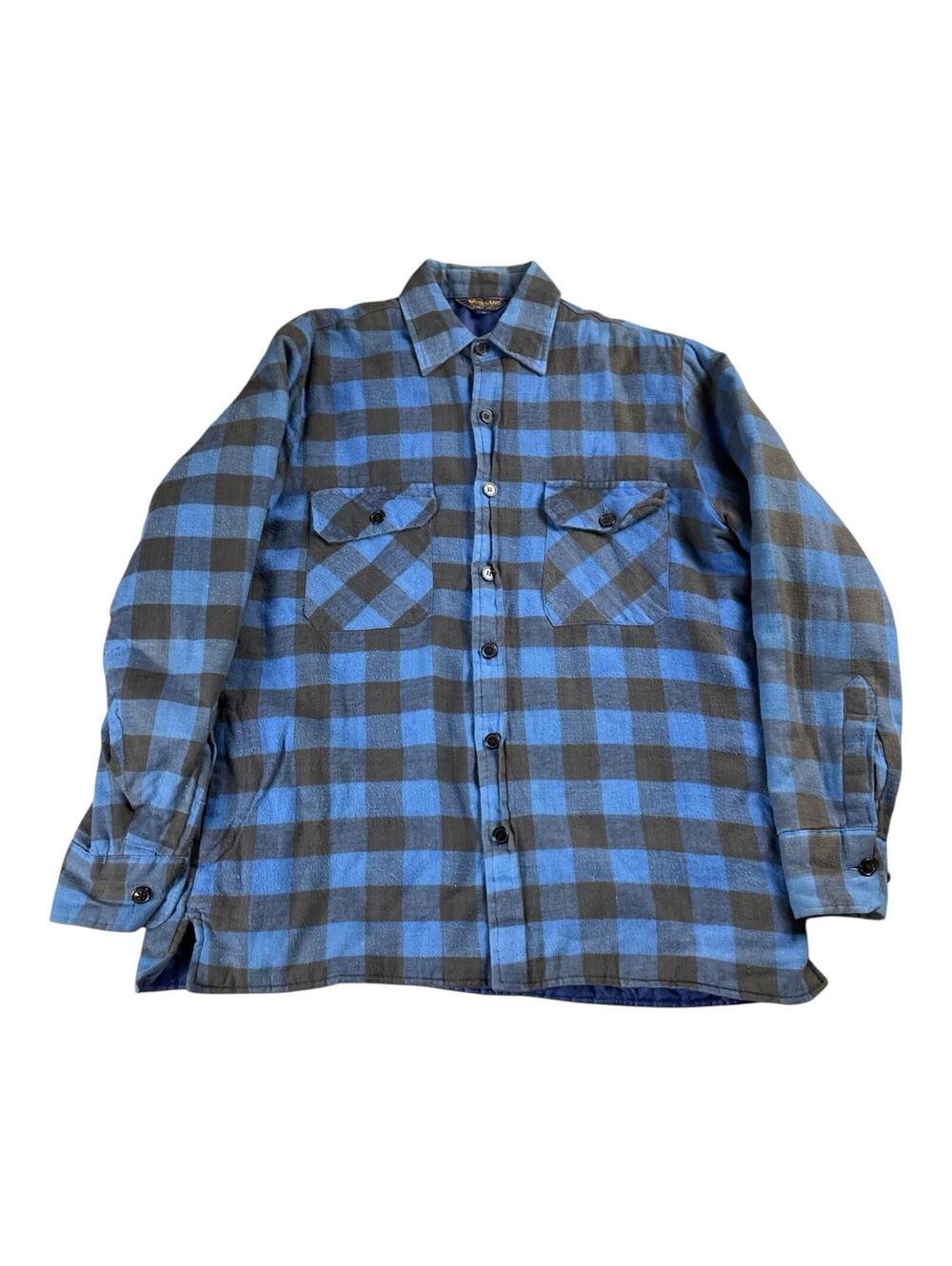 VTG Woodland Blue Plaid Flannel Shirt Jacket Cotton Men's Medium Cottage Core